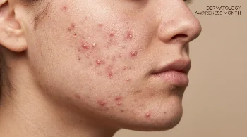 Acne on cheek and jawline medical skin condition portrait