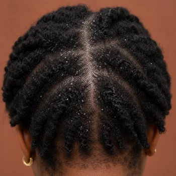 Close-Up View of Scalp Flaking and Dandruff in Dark Hair