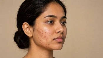 Young Woman with Acne Vulgaris and Inflammatory Blemishes on Cheek