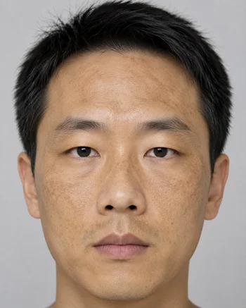 Close-up portrait of a man showing facial hyperpigmentation and skin discoloration