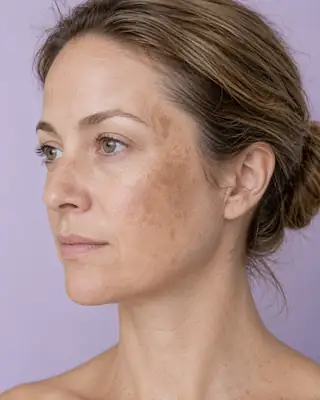 Woman showing hyperpigmentation and melasma patches on her face