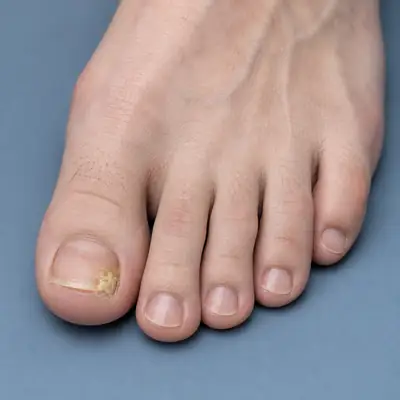 Close-up of human foot showing toenail infection and discoloration on big toe