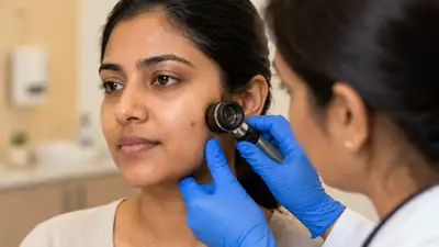 Dermatologist examining a mole on a patient's face with a dermatoscope
