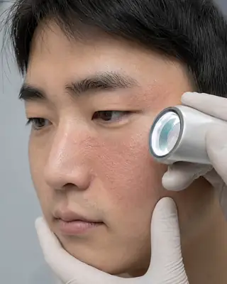 Dermatologist Examining Facial Skin Condition with Dermatoscope