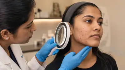 Dermatologist examining patient skin with magnifying glass