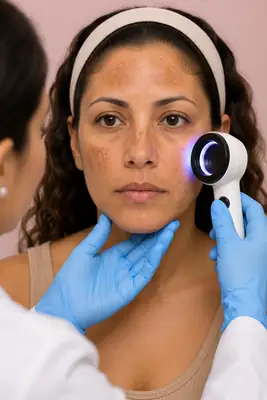 Dermatologist examining patient face with Wood's lamp for hyperpigmentation and melasma