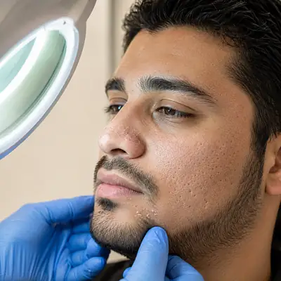 Dermatologist examining male patient's facial skin with magnifying lamp