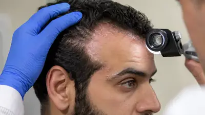 Dermatologist Examining Scalp Psoriasis with Dermatoscope