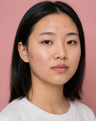 Young Asian Woman with Facial Acne and Skin Blemishes