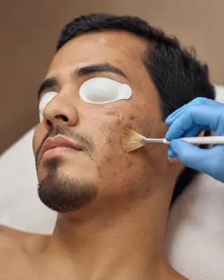 Latino Male Patient Receiving Chemical Peel Treatment for Facial Pigmentation