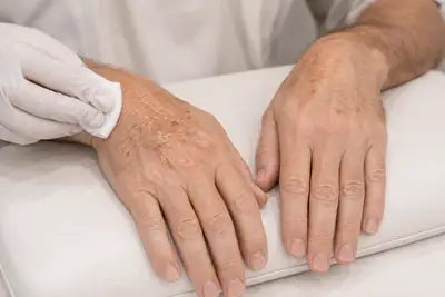 Dermatologist Applying Treatment on Male Patient Hands - Clinical Dermatology Photo