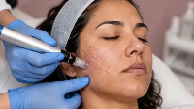 Microneedling Rolling Scar Therapy on Female Patient Face - Clinical Dermatology Photo