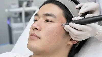 Dermatology Patient Receiving Cheek Texture Therapy and Microneedling Stock Photo