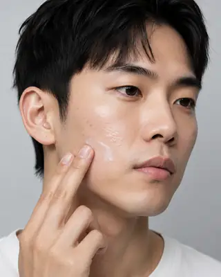 Young Man Applying Moisturizing Cream on Cheek - Dermatology Stock Photo