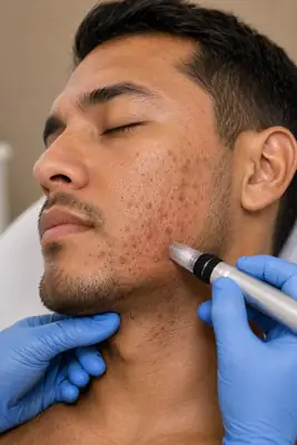 Microneedling Treatment on Male Jawline Acne Scars - Dermatology Stock Photo