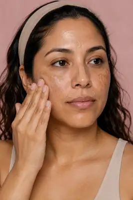 Woman Applying Skincare Cream for Melasma and Hyperpigmentation - Dermatology Stock Photo