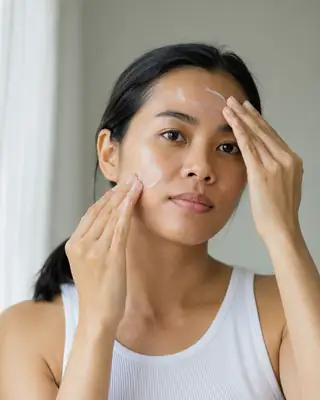 Young Woman Applying Sunscreen SPF Cream to Face - Dermatology Stock Photo