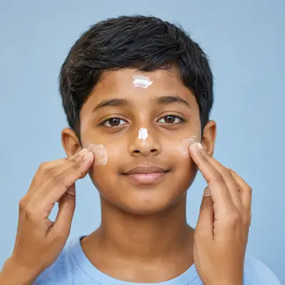 Young Boy Applying Sunscreen Lotion to Face - Pediatric Skincare Photo