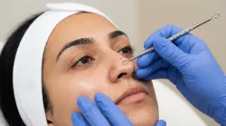 Dermatologist Extracting Blackheads on Patient Nose - Clinical Skincare Procedure Stock Photo