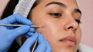 Dermatologist Performing Facial Acne Extraction on Patient Skin - Clinical Photo
