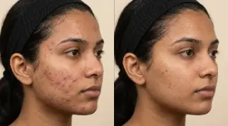 Before and After Acne Treatment Comparison on Patient Face Stock Photo