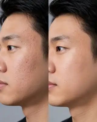 Before and After Treatment of Acne Scars on Male Face
