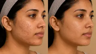Before and After Acne Treatment on Woman Face - Dermatology Stock Photo