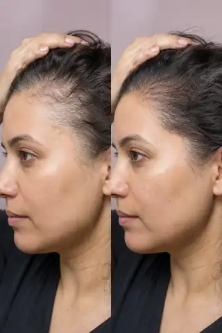 Before and After Hair Loss Treatment in Woman - Clinical Stock Photo