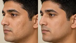 Before and After Treatment of Acne Scars on Male Face - Clinical Dermatology Photo