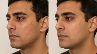 Before and After Acne Scar Treatment on Male Face - Clinical Dermatology Stock Photo