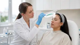 Dermatologist Examining Patient Face with Magnifying Lamp in Clinic - Clinical Dermatology Photo