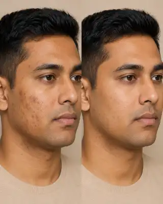 Before and After Acne Scar Laser Treatment on Male Patient Face - Clinical Photo