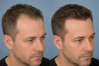 Male Hairline Restoration Before and After PRP Treatment Stock Photo