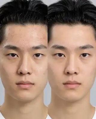 Before and After Forehead Acne Treatment Results on Young Man - Dermatology Stock Photo