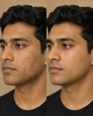 Before And After Acne Scar Treatment On Young Male Face - Clinical Stock Photo