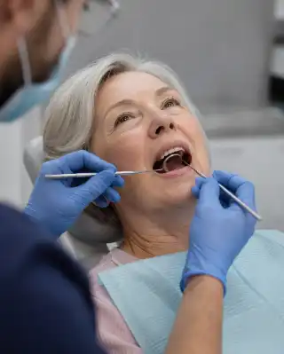 Senior Woman Receiving Oral Checkup From Dentist - Dentistry Stock Photo