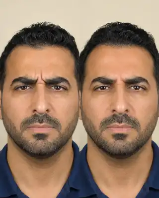 Before and After Frown Lines Treatment Clinical Results Stock Photo