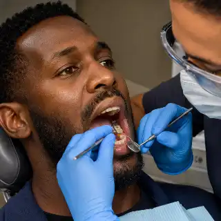 Dentist Examining Broken Molar Patient in Clinic Stock Photo