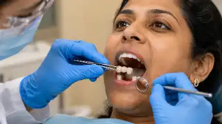 Dentist Placing Dental Bridge in Patient Mouth - Dental Clinical Stock Photo