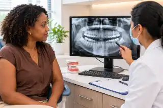 Dentist Explaining Dental X-Ray Scan to Patient in Clinic - Clinical Dentistry Stock Photo