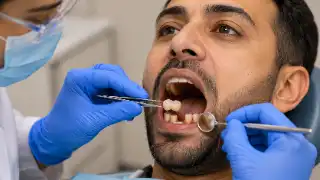 Dentist Fitting Posterior Dental Onlay in Patient Mouth Stock Photo