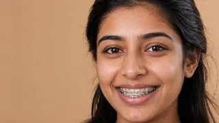 Young Woman Smiling With Orthodontic Metal Braces - Dental Stock Photo