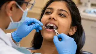 Teenage Girl Receiving Orthodontic Braces Adjustment at Dental Clinic