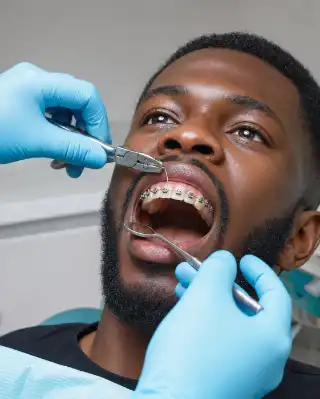 Dentist Performing Archwire Replacement Procedure on Patient Braces - Clinical Dentistry Photo