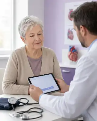 Senior Woman Reviewing Cardiac Test Results with Doctor on Tablet