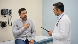 Middle-Aged Patient Experiencing Chest Pain Consulting Doctor in Clinic