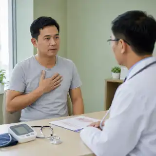 Asian Male Patient Consulting Doctor About Chest Pain Symptom in Clinic