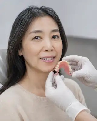 Dentist Holding Flexible Partial Denture Next To Patient - Dental Care Photo