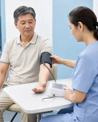 Elderly Patient Having Digital Blood Pressure Check By Nurse - Cardiology Stock Photo