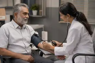 Senior Patient Having Blood Pressure Checked by Doctor - Clinical Stock Photo